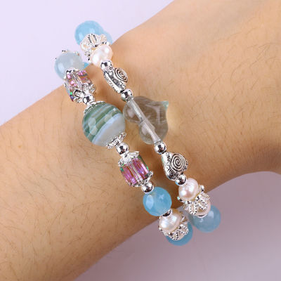 8MM Multifaced Blue Agate Bentuk Bulat Manik Dan Putih Air Tawar Mutiara Adjustable Bangle