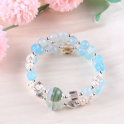 8MM Multifaced Blue Agate Bentuk Bulat Manik Dan Putih Air Tawar Mutiara Adjustable Bangle