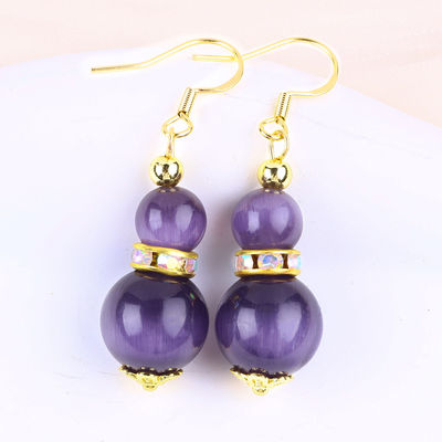 Mata Kucing Ungu Batu permata Drop Earrings Dangle 8MM 10MM Manik