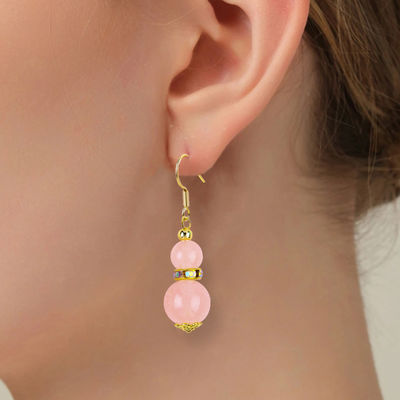 Healing Energy Pink Rose Quartz Crystal Short Dangle Round Shape Bead Hook Earring Untuk Pakai Sehari-hari