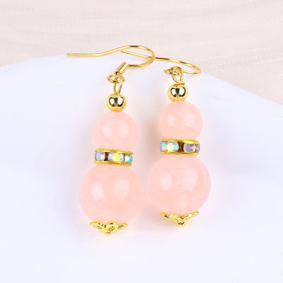Healing Energy Pink Rose Quartz Crystal Short Dangle Round Shape Bead Hook Earring Untuk Pakai Sehari-hari