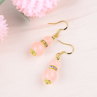 Healing Energy Pink Rose Quartz Crystal Short Dangle Round Shape Bead Hook Earring Untuk Pakai Sehari-hari
