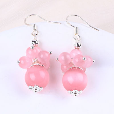 Earrings Batu Kristal buatan tangan Pink Cat's Eye Bunga Batu permata Earrings manik