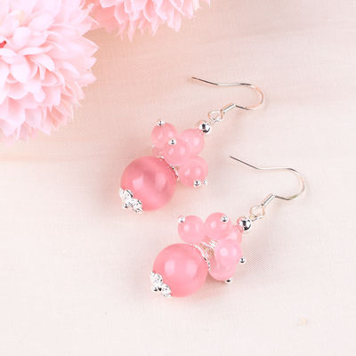 Earrings Batu Kristal buatan tangan Pink Cat's Eye Bunga Batu permata Earrings manik