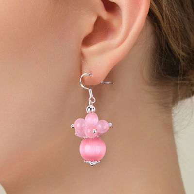 Earrings Batu Kristal buatan tangan Pink Cat's Eye Bunga Batu permata Earrings manik