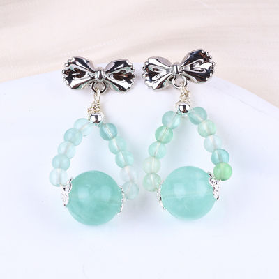 Earrings Batu Kristal Kerajinan Tangan Earrings Green Flourite Gemstone Beaded Bow Charms Pendant Earrings