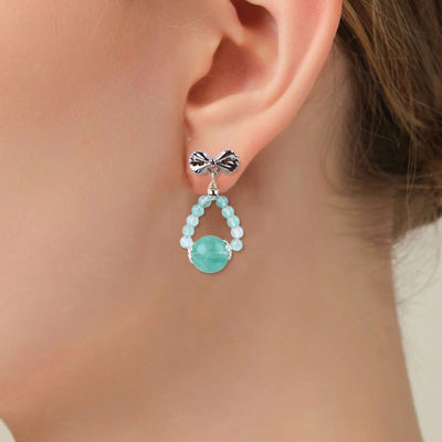 Earrings Batu Kristal Kerajinan Tangan Earrings Green Flourite Gemstone Beaded Bow Charms Pendant Earrings