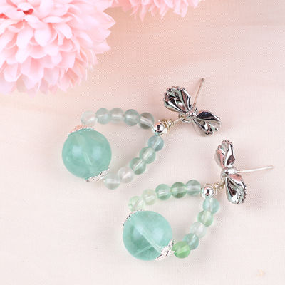 Earrings Batu Kristal Kerajinan Tangan Earrings Green Flourite Gemstone Beaded Bow Charms Pendant Earrings
