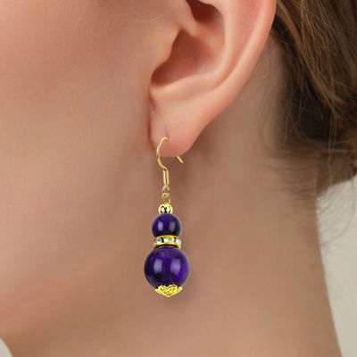 Batu Alam Spiritual Ungu Mata Harimau Kristal Bentuk Bulat Dangle Hook Earring Untuk Pakai Sehari-hari