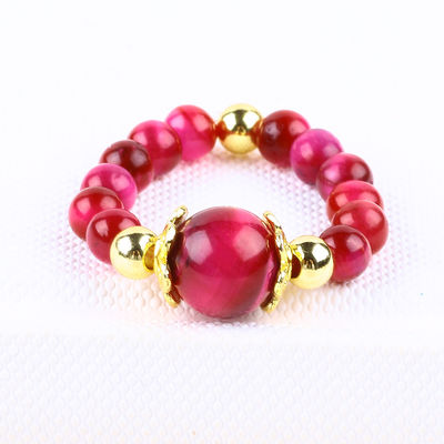 4MM Rose Red Tiger Eye Crystal Stretch Round Bead Ring Healing Stone Adjustable Ring Untuk Unisex