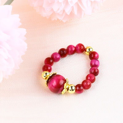 4MM Rose Red Tiger Eye Crystal Stretch Round Bead Ring Healing Stone Adjustable Ring Untuk Unisex