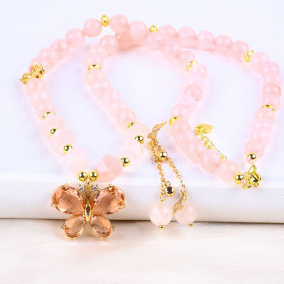 Kupu-kupu Pesona Mawar Kuarsa Batu Kristal Sweater Kalung Penyembuhan Emosional