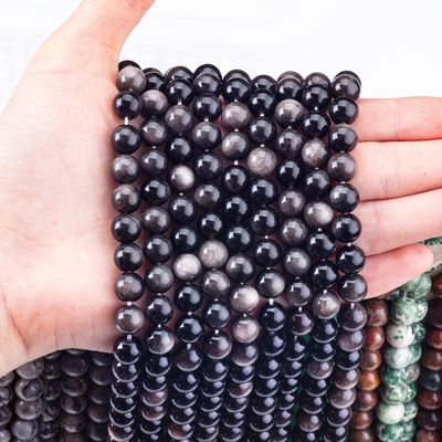 8mm Perak Obsidian Batu permata manik-manik Crystal Batu penyembuhan Manik-manik untuk pembuatan perhiasan