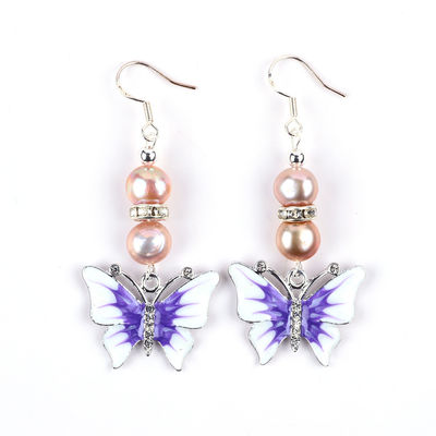 9MM Ungu Baroque Air Tawar Mutiara Earrings Dengan Kemewahan Kupu-kupu
