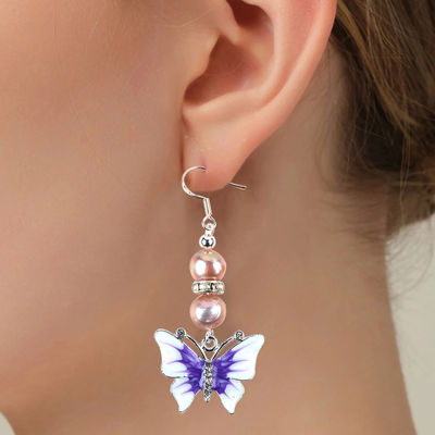 9MM Ungu Baroque Air Tawar Mutiara Earrings Dengan Kemewahan Kupu-kupu
