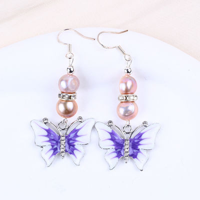 9MM Ungu Baroque Air Tawar Mutiara Earrings Dengan Kemewahan Kupu-kupu