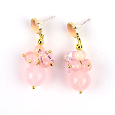 Pink Chalcedony Crystal Stone Unik DIY Oval Pendant Round Bead Stud Earrings Untuk Pakai Sehari-hari