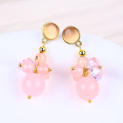 Pink Chalcedony Crystal Stone Unik DIY Oval Pendant Round Bead Stud Earrings Untuk Pakai Sehari-hari