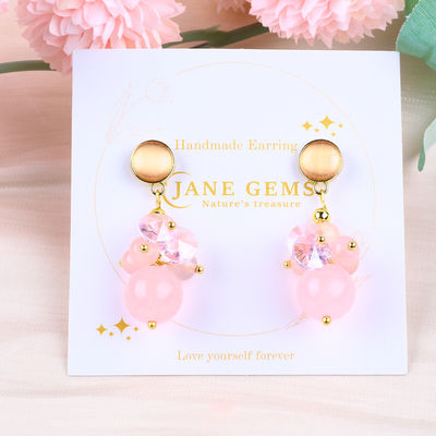 Pink Chalcedony Crystal Stone Unik DIY Oval Pendant Round Bead Stud Earrings Untuk Pakai Sehari-hari
