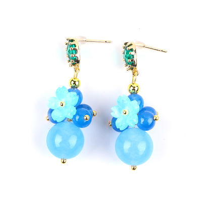 Blue Chalcedony Crystal Handmade DIY Oval Pendant Bead Stud Earrings Cocok untuk Pakai Sehari-hari