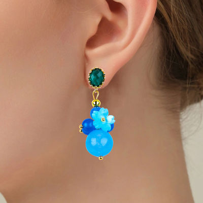 Blue Chalcedony Crystal Handmade DIY Oval Pendant Bead Stud Earrings Cocok untuk Pakai Sehari-hari