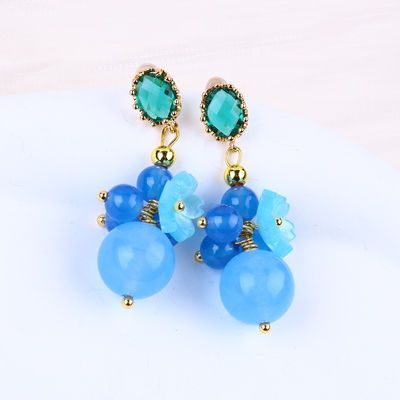 Blue Chalcedony Crystal Handmade DIY Oval Pendant Bead Stud Earrings Cocok untuk Pakai Sehari-hari