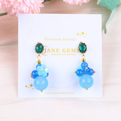 Blue Chalcedony Crystal Handmade DIY Oval Pendant Bead Stud Earrings Cocok untuk Pakai Sehari-hari