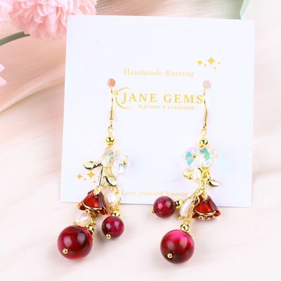 10MM 8MM Rose Merah Mata Harimau Kristal Dan Mutiara Putih Dengan Bunga Mawar Dangle Earring Panjang Untuk Pesta Dan Pakaian Harian