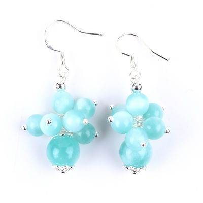 Handmade Light Lake Blue Jade Healing Spiritual Round Bead Flower Dangle Earring Untuk Hadiah Perhiasan
