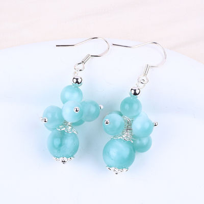 Handmade Light Lake Blue Jade Healing Spiritual Round Bead Flower Dangle Earring Untuk Hadiah Perhiasan