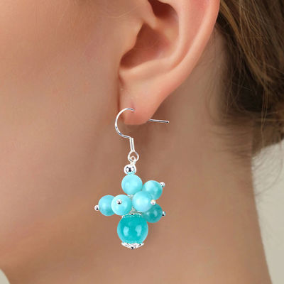 Handmade Light Lake Blue Jade Healing Spiritual Round Bead Flower Dangle Earring Untuk Hadiah Perhiasan