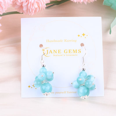 Handmade Light Lake Blue Jade Healing Spiritual Round Bead Flower Dangle Earring Untuk Hadiah Perhiasan
