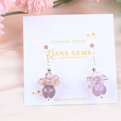 Earring Batu Alam 8MM 10MM Healing Lavender Azeztulite Crystal Bead Dangle Earring Bunga