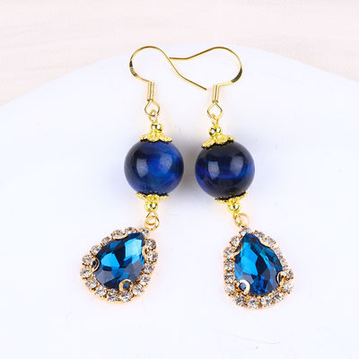 Custom 12MM Crystal Stone Blue Tiger Eye Dengan Blue Sparkling Tear Drop Charm Earring Pendek Untuk Memberikan Hadiah