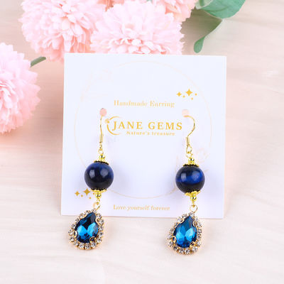 Custom 12MM Crystal Stone Blue Tiger Eye Dengan Blue Sparkling Tear Drop Charm Earring Pendek Untuk Memberikan Hadiah