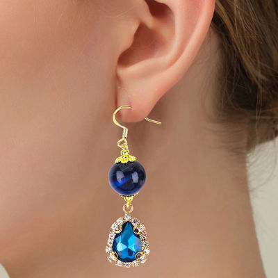 Custom 12MM Crystal Stone Blue Tiger Eye Dengan Blue Sparkling Tear Drop Charm Earring Pendek Untuk Memberikan Hadiah