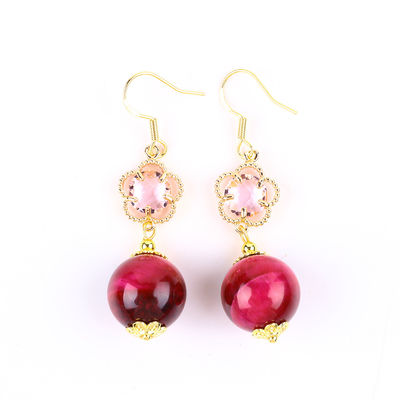 14MM Rose Red Tiger Eye With Pink Flower Charm Round Shape Short Drop Earring Untuk Hadiah pesta