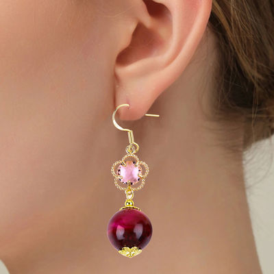 14MM Rose Red Tiger Eye With Pink Flower Charm Round Shape Short Drop Earring Untuk Hadiah pesta