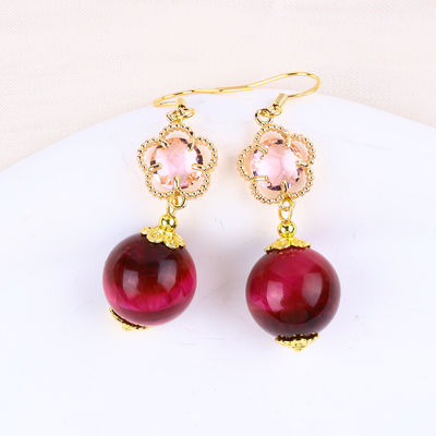 14MM Rose Red Tiger Eye With Pink Flower Charm Round Shape Short Drop Earring Untuk Hadiah pesta