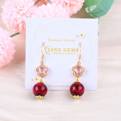 14MM Rose Red Tiger Eye With Pink Flower Charm Round Shape Short Drop Earring Untuk Hadiah pesta