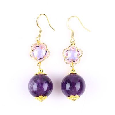 Kerajinan tangan Amethyst Crystal Alam 14MM Bentuk Bulat Besar Manik-manik Earring Dangle Pendek Untuk Hadiah Perhiasan