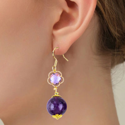Kerajinan tangan Amethyst Crystal Alam 14MM Bentuk Bulat Besar Manik-manik Earring Dangle Pendek Untuk Hadiah Perhiasan