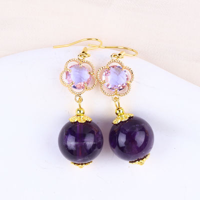 Kerajinan tangan Amethyst Crystal Alam 14MM Bentuk Bulat Besar Manik-manik Earring Dangle Pendek Untuk Hadiah Perhiasan