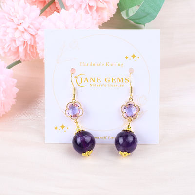 Kerajinan tangan Amethyst Crystal Alam 14MM Bentuk Bulat Besar Manik-manik Earring Dangle Pendek Untuk Hadiah Perhiasan