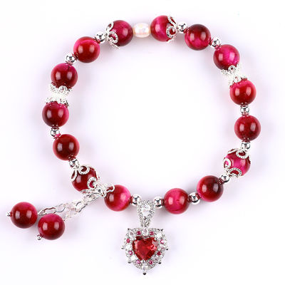 8mm Batu Bulat Mawar Mata Harimau Merah Manik Stretch Gelang