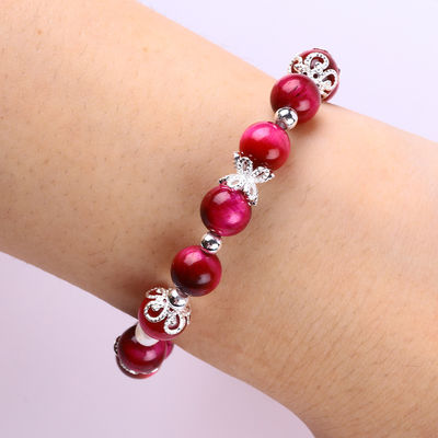8mm Batu Bulat Mawar Mata Harimau Merah Manik Stretch Gelang