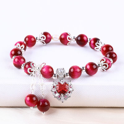 8mm Batu Bulat Mawar Mata Harimau Merah Manik Stretch Gelang