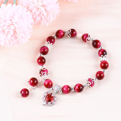 8mm Batu Bulat Mawar Mata Harimau Merah Manik Stretch Gelang