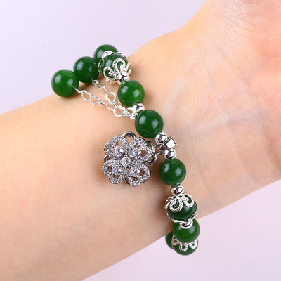 8MM Batu Jade Hijau Hitam dengan Spinner Bunga Pesona Penyembuhan Spiritual Bentuk Bulat Stretch Bead Gelang