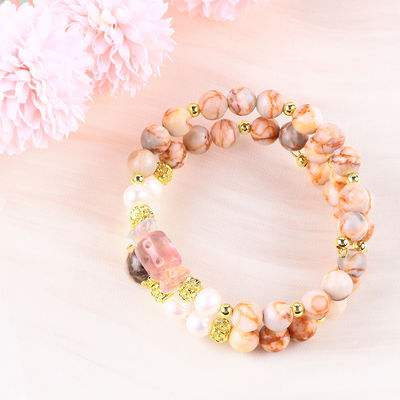 Red Network Stone Handmade Gemstone Perhiasan Lapisan Ganda Adjustable Bead Bangle